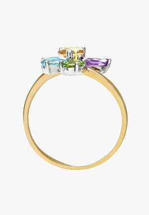 Zlati prstan z gladkim pasom, ki ima štiri večbarvne dragulje: svetlo modro, zeleno, oranžno in vijolično, postavljene v srebrne vršičke.