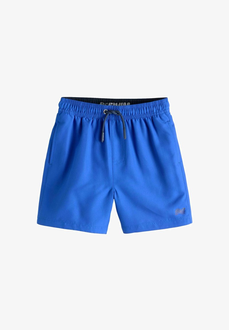 Shorts de bain bleus avec une ceinture élastique et un cordon de serrage. Dotés de deux poches latérales et d'un petit logo sur le côté inférieur gauche.