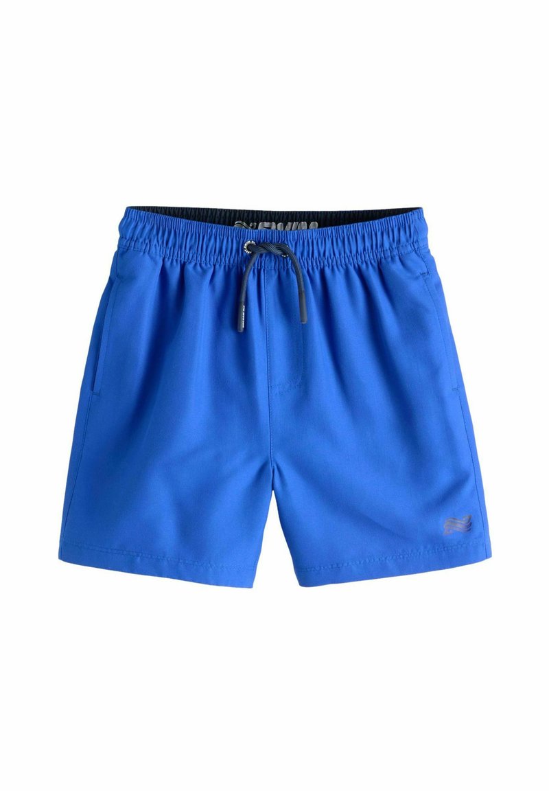 Shorts de bain bleus avec une ceinture élastique et un cordon de serrage. Dotés de deux poches latérales et d'un petit logo sur le côté inférieur gauche.