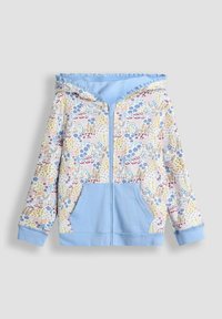Sudadera con cremallera para niños con paneles sólidos en azul claro, bolsillos, y un estampado multicolor de flores y caballos en las mangas y la parte superior.