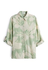Camicetta con maniche corte, di colore verde chiaro, con stampa floreale che presenta fiori bianchi e verdi scuri, e un design con colletto classico.