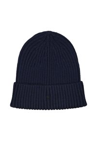 Navy gebreide beanie muts met ribbelstructuur, voorzien van een omgeslagen rand en een klein logotagg aan de zijkant. Geschikt voor koud weer.