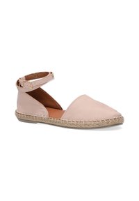 Rosa læder espadrille med ankelrem, rund tå og vævet jute trim. Glat tekstur, flad hæl, åbne sider for åndbarhed.