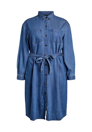 Teksariidest kleit pikkade varrukatega, ees nupukinnitusega, kahe rinnatasku, vöökinnituse ja veidi lehvikujoonelise äärega, keskmise sinise pesuga.