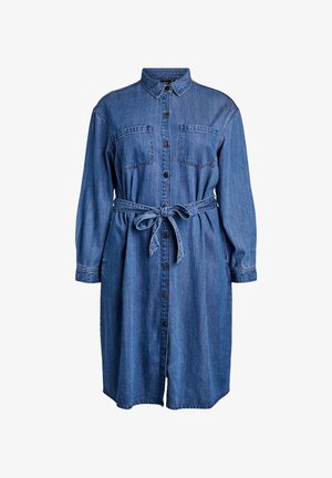 Denim overhemdjurk met lange mouwen, knoopsluiting aan de voorkant, twee borstzakken, een tailleceintuur en een licht uitlopende zoom, in een medium blauwe wassing.