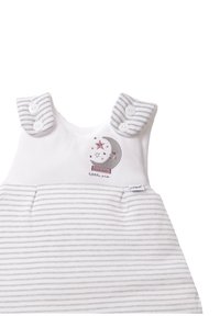 Ärmelloses Baby-Kleid in Weiß und grauen Streifen; mit knöpfbaren Schultern und einem gestickten Design von Mond und Sternen. Aus weichem Baumwollmaterial.