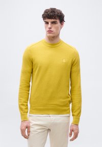 Jeune homme aux cheveux bouclés foncés portant un pull jaune texturé et un pantalon crème, debout devant un fond clair uni.