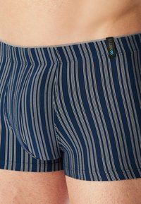 Marine gestreepte heren shorts van zachte stof met fijne witte verticale lijnen. Bevat een zachte tailleband en een merketiket aan de bovenkant.