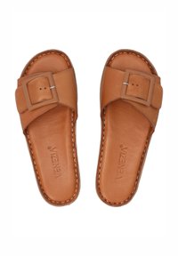 Brown leather slide sandals featuring a square buckle accent, stitched edges, and a flat sole. Soft texture with a minimal design.