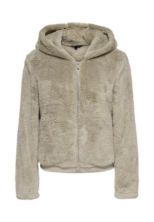 Felpa con cappuccio beige in ecopelliccia con zip, cappuccio foderato, polsini e orlo a coste. Texture morbida e design casual adatto per essere indossato a strati.