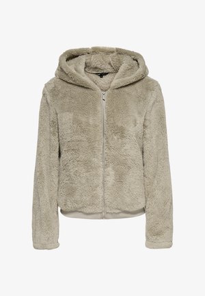 Felpa con cappuccio beige in ecopelliccia con zip, cappuccio foderato, polsini e orlo a coste. Texture morbida e design casual adatto per essere indossato a strati.