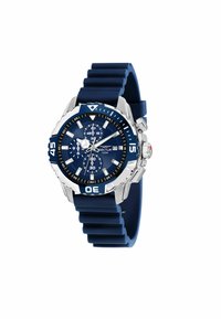 Orologio con cinturino in silicone blu, cassa in acciaio inox argento, quadrante blu, tre sottoquarti e un bezel unidirezionale con marcature bianche.