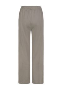 Hellgraue, locker sitzende Hose mit elastischem Bund und geraden Beinen, aus weichem, glattem Stoff gefertigt. Keine sichtbaren Taschen oder Muster.