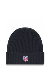 Navy blue knit beanie made from textured fabric, featuring a folded cuff and an NFL logo patch in red, white, and blue at the front.