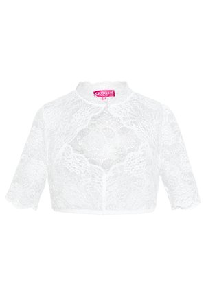 Hvid cropped bolero jakke i blonder med trekvartlange ærmer og høj hals, prydet med blomsterblonde-mønstre.