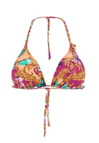 Bikini viršus su purpuriniu ir oranžiniu gėlių raštu, trikampiais puodeliais, reguliuojamomis juostelėmis ir pintomis dirželiais su auksiniais akcentais.
