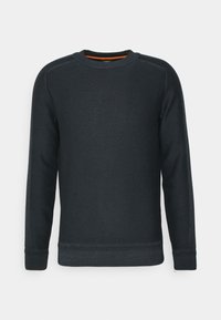 Donkerblauwe sweatshirt van textiel met een structuur. Kenmerkt zich door een ronde hals, lange mouwen en ribgebreide boorden en onderrand. Subtiele logo-details op de borst.