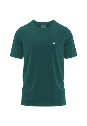 Teal short-sleeve t-shirt made of smooth fabric, featuring a small white bear logo on the chest and a black accent on the sleeve.