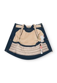 Strato esterno isolato blu navy con interno in fleece beige. Include cinghie regolabili, superficie liscia e più strati di tessuto.