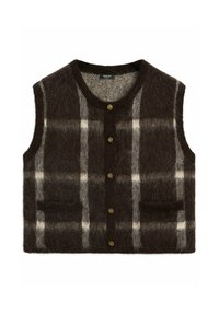 Wool blend sleeveless vest in dark brown with beige plaid pattern. Features five gold buttons and two front pockets. Soft texture.