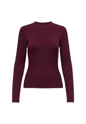 Long-sleeve, ribbed knit sweater in deep burgundy with geometric chevron patterns and a high crew neckline.
