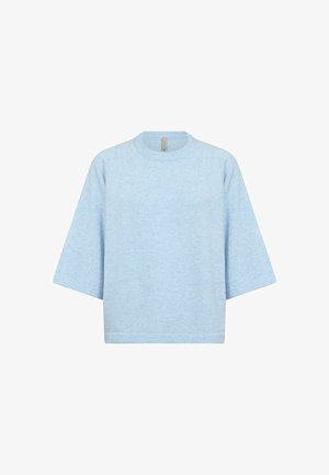 Hele sinine lühikeste varrukatega kampsun, millel on ümar kaelus ja lahtine, kastikujuline lõige, valgel taustal.