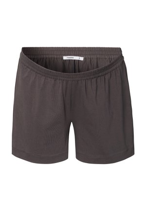 Donkergrijze loungebroekjes van zacht materiaal, met een elastische tailleband en een ontspannen pasvorm, zonder zakken of extra details.