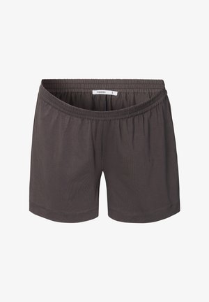 Shorts de lounge gris foncé en tissu doux, dotés d'une taille élastique et d'une coupe décontractée, sans poches ni détails supplémentaires.