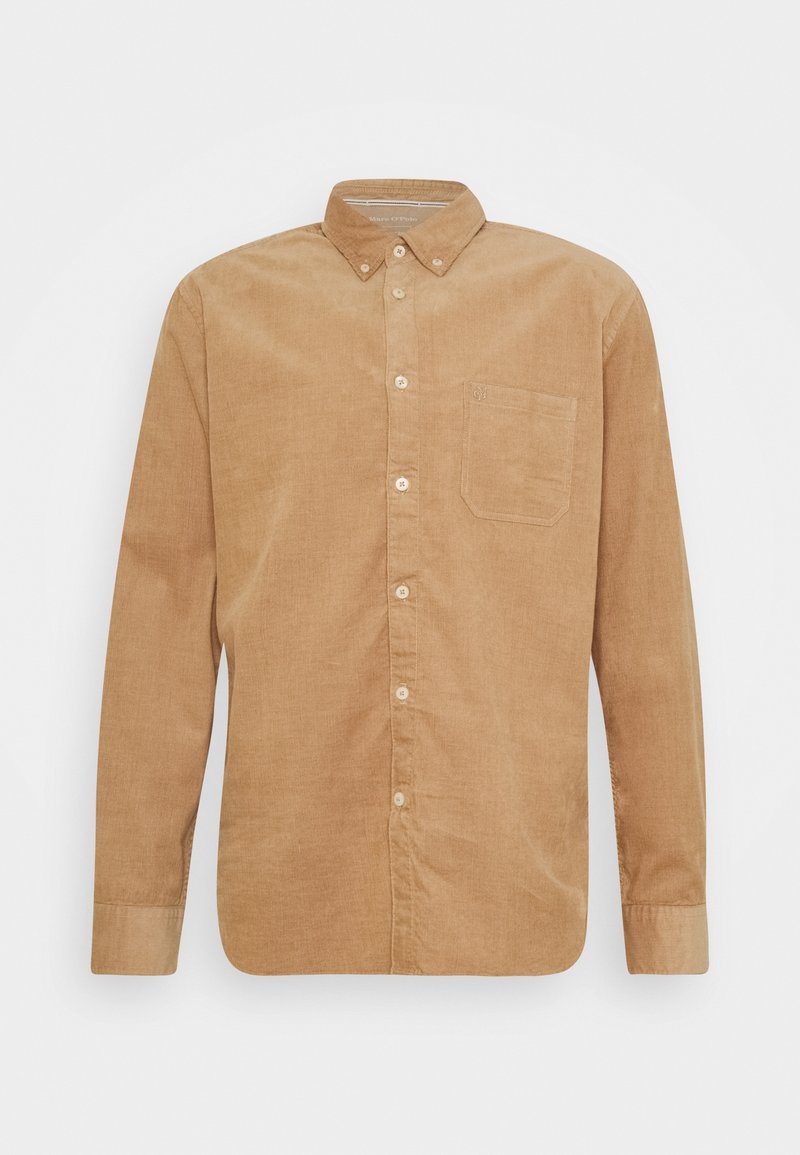 Camicia in corduroy marrone con maniche lunghe, colletto button-down, taschino anteriore e bottoni chiari. Tessuto testurizzato con righe verticali.