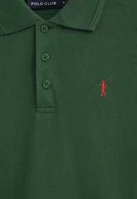 Polo shirt verde realizzato in tessuto testurizzato con tre bottoni rotondi. Presenta un piccolo logo ricamato di un golfista rosso sul lato sinistro del petto.