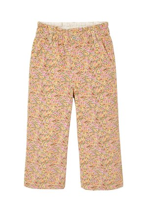 Weit geschnittene Hosen mit Blumenmuster in Pink, Orange und Grün, mit elastischem Bund und vorderer Knopfleiste.