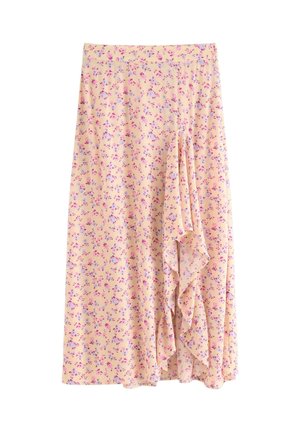Lys beige midi-nederdel med små pink og lilla blomsterprint og et kaskaderende flæsedetalje på den ene side.