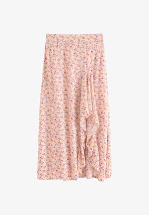 Lys beige midi-nederdel med små pink og lilla blomsterprint og et kaskaderende flæsedetalje på den ene side.