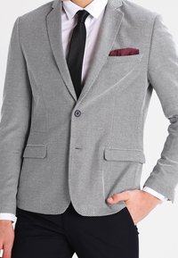 Man klädd i en mönstrad grå kavaj med svart slips, vit skjorta, vinröd näsduk i fickan och svarta byxor, med handen i fickan på vit bakgrund.