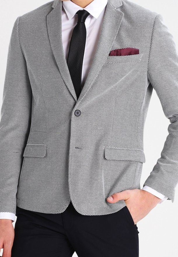 Man klädd i en mönstrad grå kavaj med svart slips, vit skjorta, vinröd näsduk i fickan och svarta byxor, med handen i fickan på vit bakgrund.