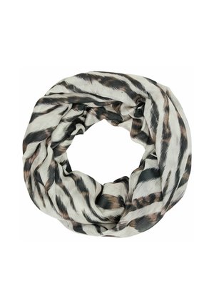 Infinity scarf in lightweight fabric featuring a beige base with black and brown zigzag stripes, smooth texture, and no visible hardware.