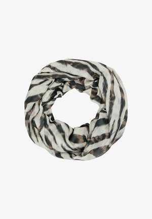 Infinity scarf in lightweight fabric featuring a beige base with black and brown zigzag stripes, smooth texture, and no visible hardware.
