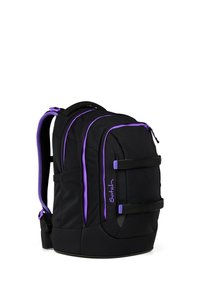 Black backpack with purple zippers and straps, multiple compartments, padded shoulder straps, and "Satch" logo on the front pocket.