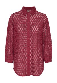 Burgundská krajková blůza s kulatým vzorem děr, zapínání na knoflíky vpředu a límečkem. Má dlouhé nabírané rukávy a zakřivený lem.