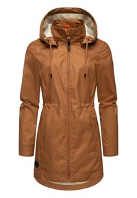 Water-resistant brown jacket with a hood, featuring a zip closure, adjustable drawstrings, long sleeves, and a textured fabric.