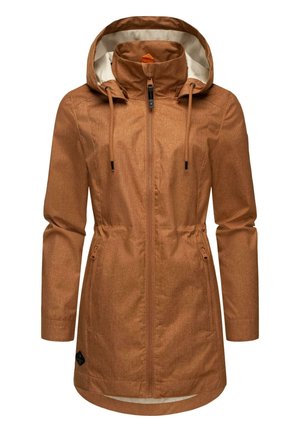 Veste marron imperméable avec capuche, dotée d'une fermeture zip, de cordons de serrage ajustables, de manches longues et d'un tissu texturé.