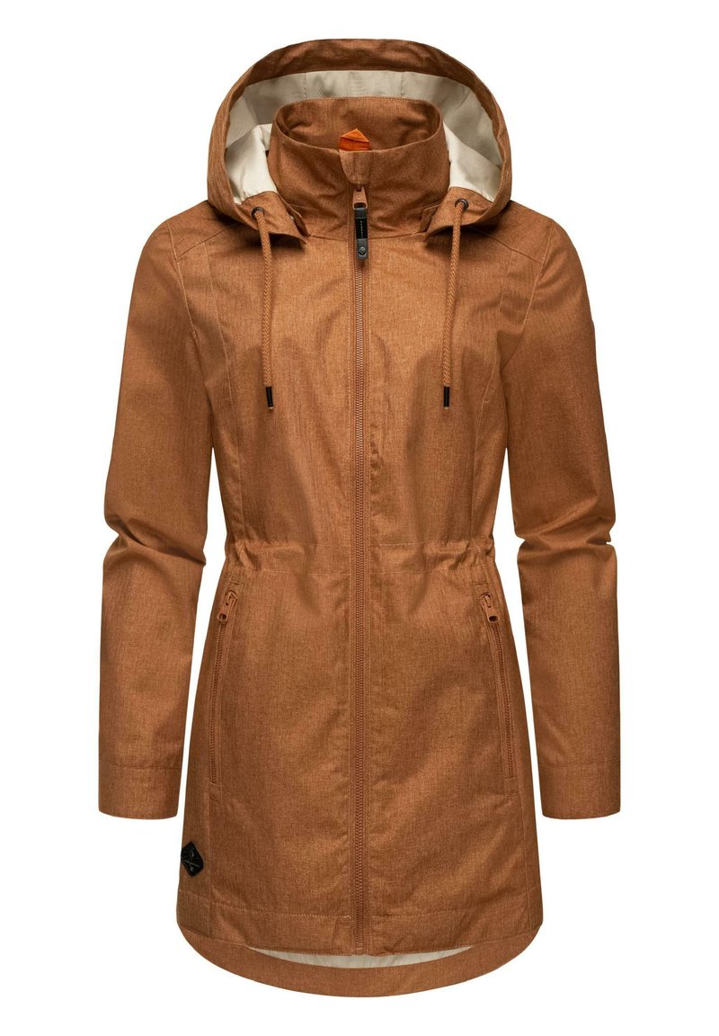 Water-resistant brown jacket with a hood, featuring a zip closure, adjustable drawstrings, long sleeves, and a textured fabric.