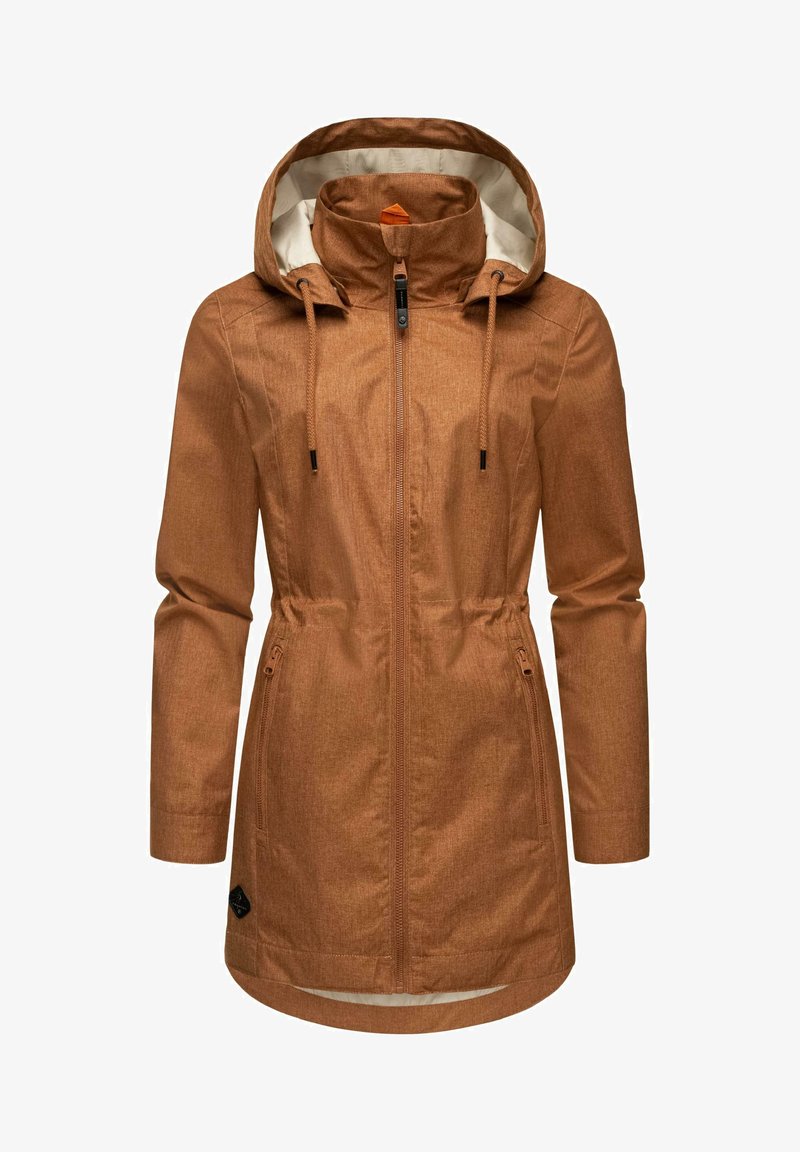 Water-resistant brown jacket with a hood, featuring a zip closure, adjustable drawstrings, long sleeves, and a textured fabric.