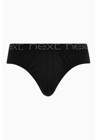 Schwarze Baumwollunterhose mit einem breiten elastischen Bund, auf dem der Markenname "next" in Grau gedruckt ist. Glatte Textur, klassischer Schnitt und enger Sitz.