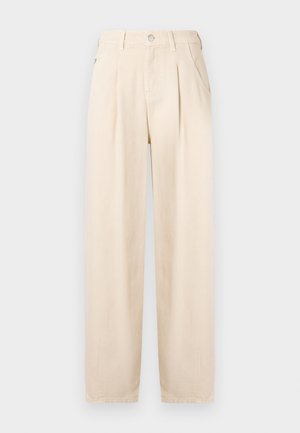 Beige plissierte Hose aus einem Baumwollmischgewebe. Verfügt über einen Reißverschluss, Knopfverschluss und Seitentaschen mit einem lockeren Schnitt und geraden Beinen.