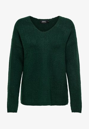 Grön, stickad tröja med V-ringning, långa ärmar och avslappnad passform. Har en mjuk textur och ett tjockt, mysigt utseende.