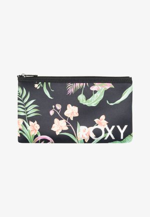 Schwarz mit Blumenmuster, mit pinkfarbenen Orchideenmotiven, grünen Blättern und weißem "ROXY"-Text auf einer Seite. Glattes Material.