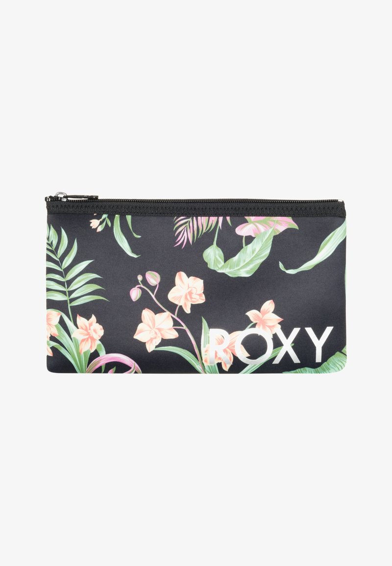Blommönstrad svart dragkedjspåse med rosa orkidéer, gröna blad och vit "ROXY" text på ena sidan. Slätt material.