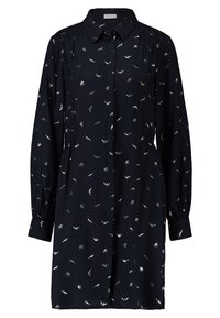 Abito camicia a maniche lunghe di colore blu navy con colletto, apertura con bottoni, vita elastica e motivo a piccole impronte di uccelli bianchi sparse.