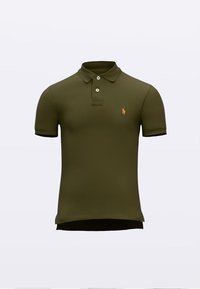 Olivovo zelená krátky rukáv polokošeľa s dvoma gombíkmi a malým oranžovým vyšívaným logom na ľavej strane hrude.